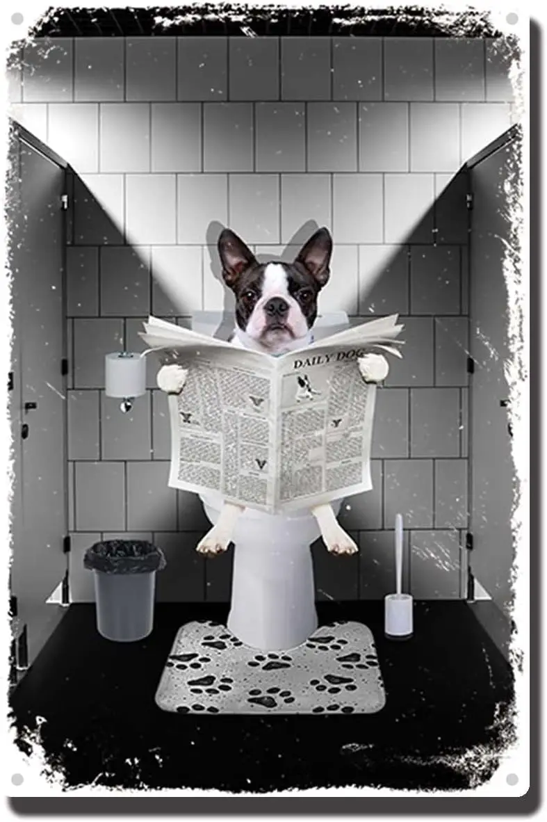 Metal Sign Boston Terrier Reading The Newspaper On Toilet Room Man Cave Art Decorations Metal Sign Wall Decor Tin Signs Tin S