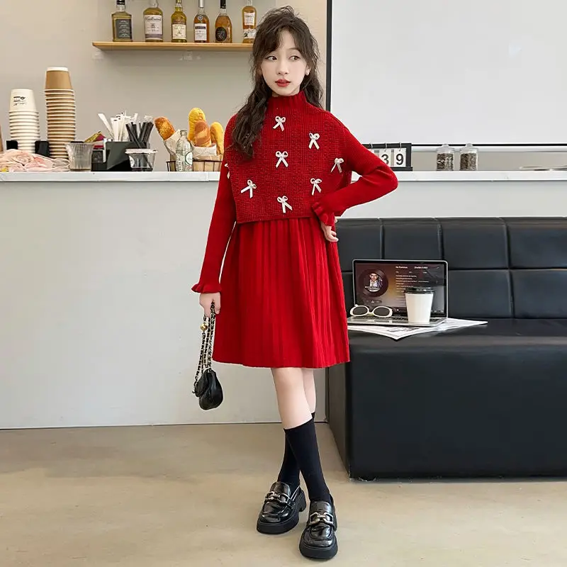 2024 girls clothes retro red spring winter sweater long sleeve dress + bow teenager sweater blouse child set 4 8 9 10 11 12 year