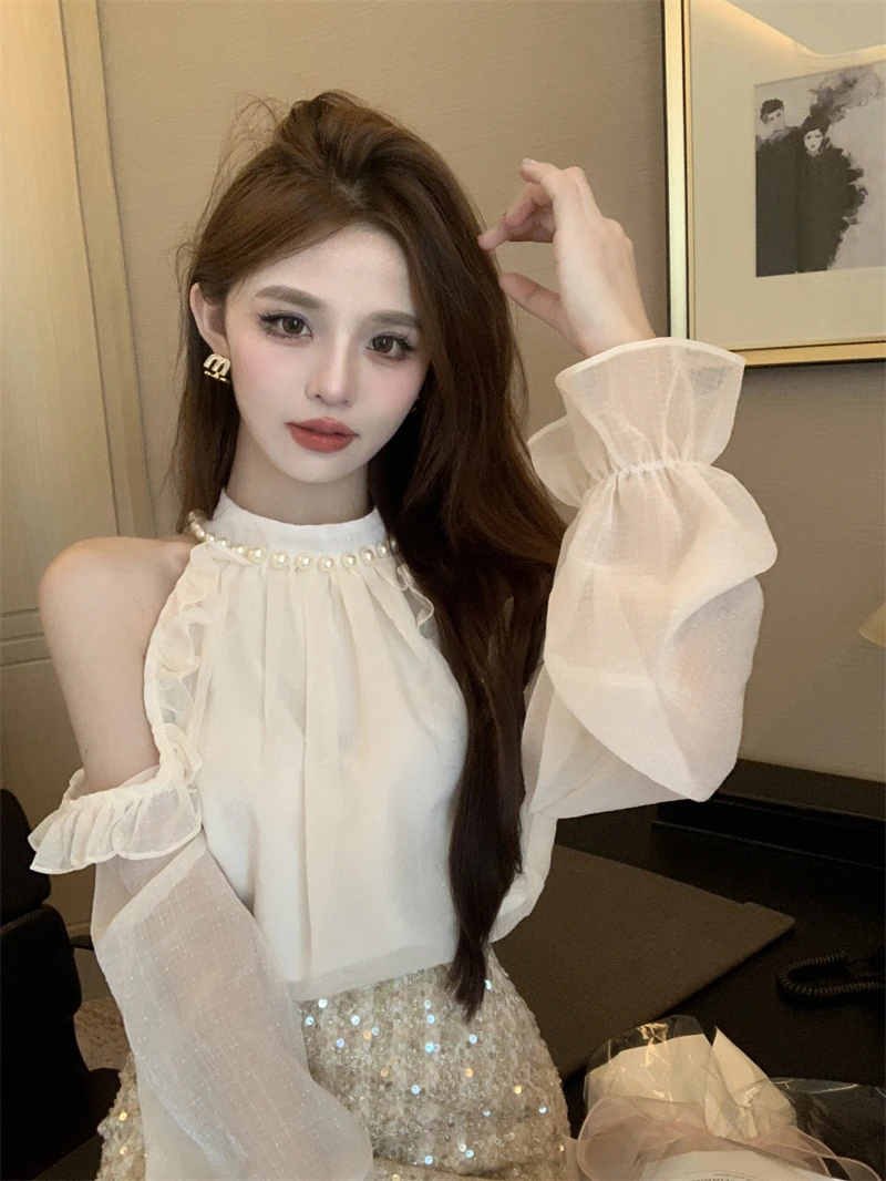 

Pure Desire Spicy Girl Ne Hanging Oulder Top Женский весенний маленький ароматный ветер Расклешенный све Silk irt Court S...