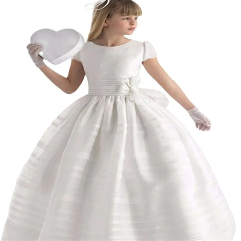 

Fashion Flower Girl Dresses Charming white ivory Short sleeve Satin Floor Length Girls Pageant Dresses First Communion Dresses