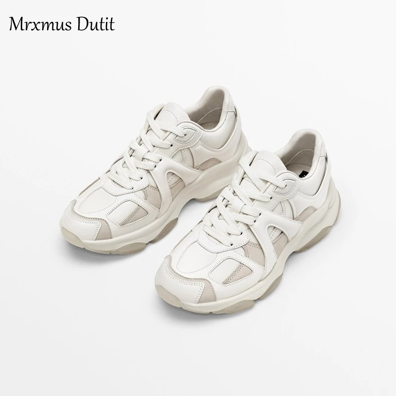 Mrxmus 2023 Spring New Fashion Women Genuine Leather Patchwork Lacing Thick Sole Shoes Casual Solid Simple Sneaker Female Chic