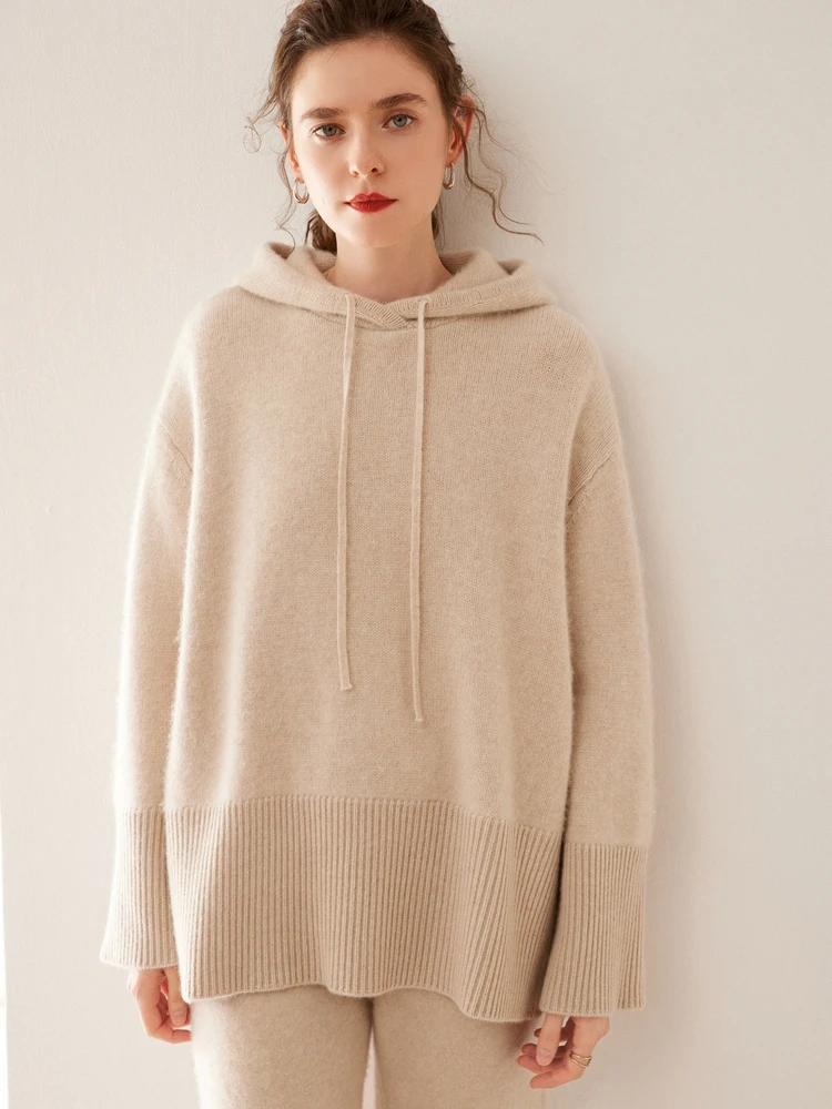 

100% Cashmere Sweater Autumn Winter Women's Thick Hooded Pullover Luxury Casual Loose Cashmere Soft Knitwear Chic Tops Clothing