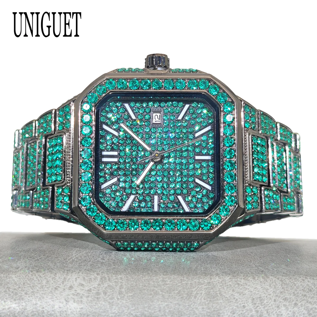

UNIGUET Fashion Iced Out Watch for Man Luxury Stainless Steel Square Watch Men Hip Hop Diamond Jewelry Wrist Watch Reloj Hombre