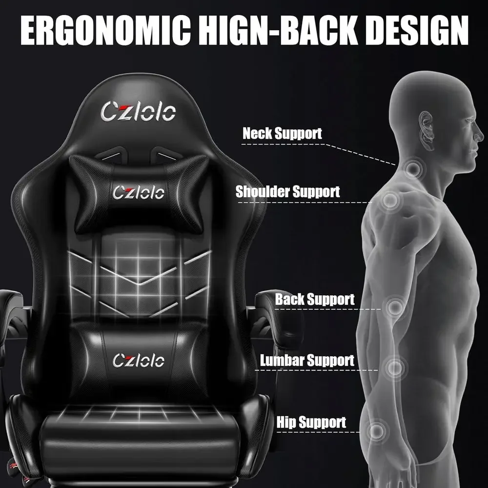 Ergonomic Gaming Chair with Footrest, Lumbar Support, and Massager - High-Back, Reclining, Adjustable for Comfort view 4