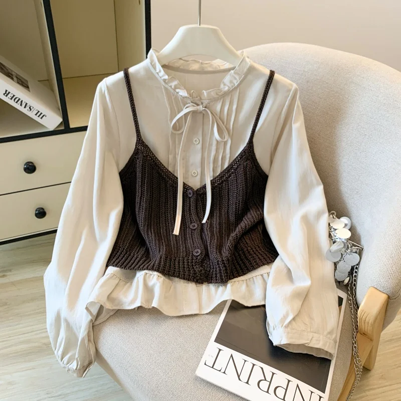 Conjunto de camisa y chaleco de punto de manga larga de estilo dulce coreano, traje de dos piezas moderno y a la moda para mujer, otoño, nudo, casual...