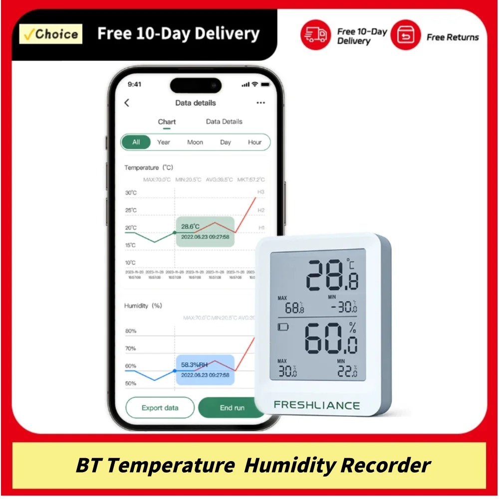 BT Temperature Humidity Recorder Fruit Storage Temperature Logger APP Control Large Capacity Data Storage with Export PDF/CSV