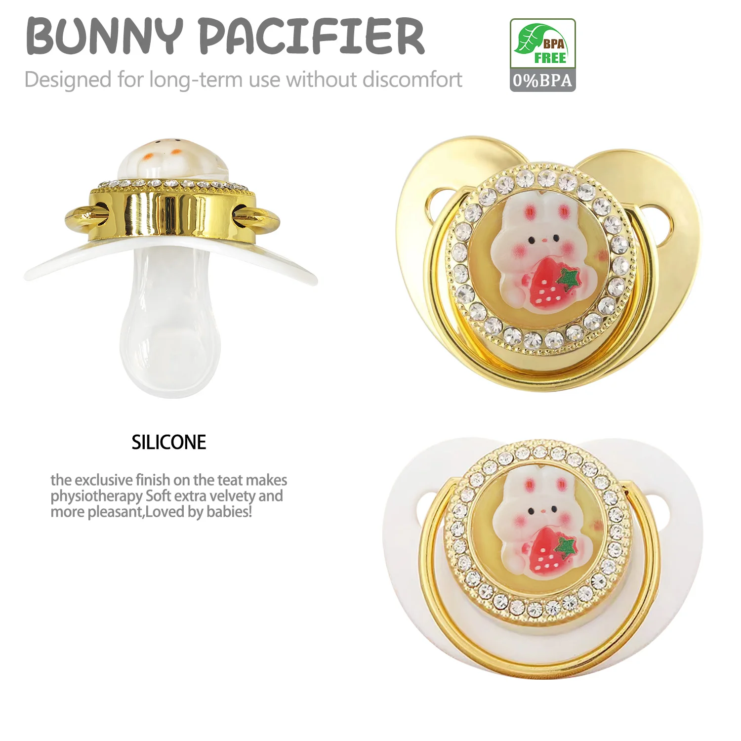 0-36 months Silicone Pacifier Pacifier chain, cartoon rabbit pattern three-dimensional pacifier, BPA-free, with dust cap