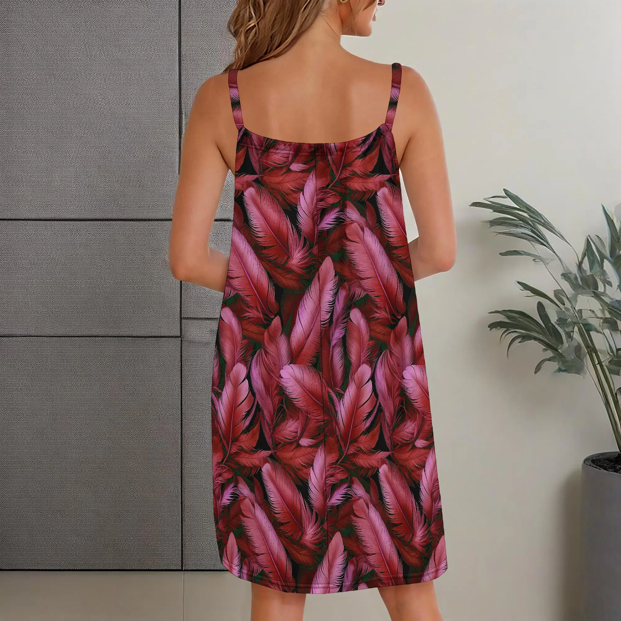 Women's Summer Boho Spaghetti Straps Loose Breathable Midi Dress Feather Print for Beach Vacation Music Festival Boho Party