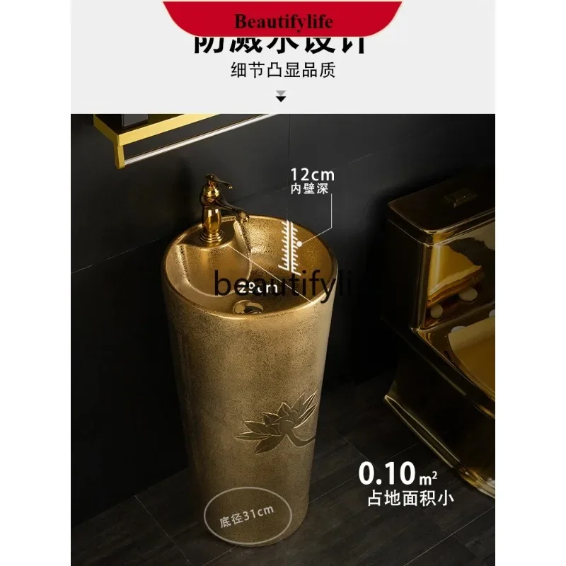 YL   European-style golden column basin, gold-plated washbasin, one-piece basin, integrated ceramic, round pillar