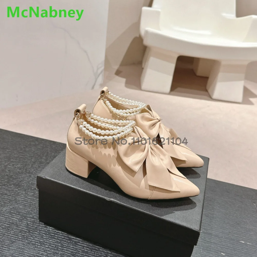 Chunky Heel Pointed Toe Luxury Boots For Female Women 2024 New Pearl Design Leather Fabric Solid Fashion Elegant All-match Shoes