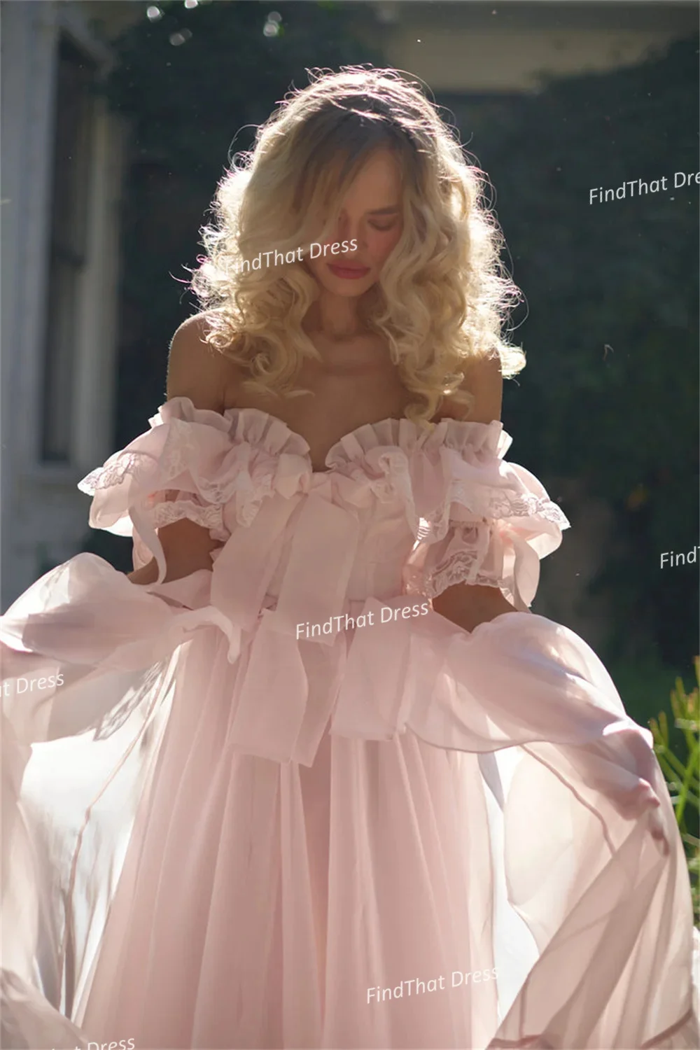 

Customized Sweety Off Shoulder Tulle A-line Ruffles Evening Dress Backless Floor Length Puffy Long Prom Dress with Court