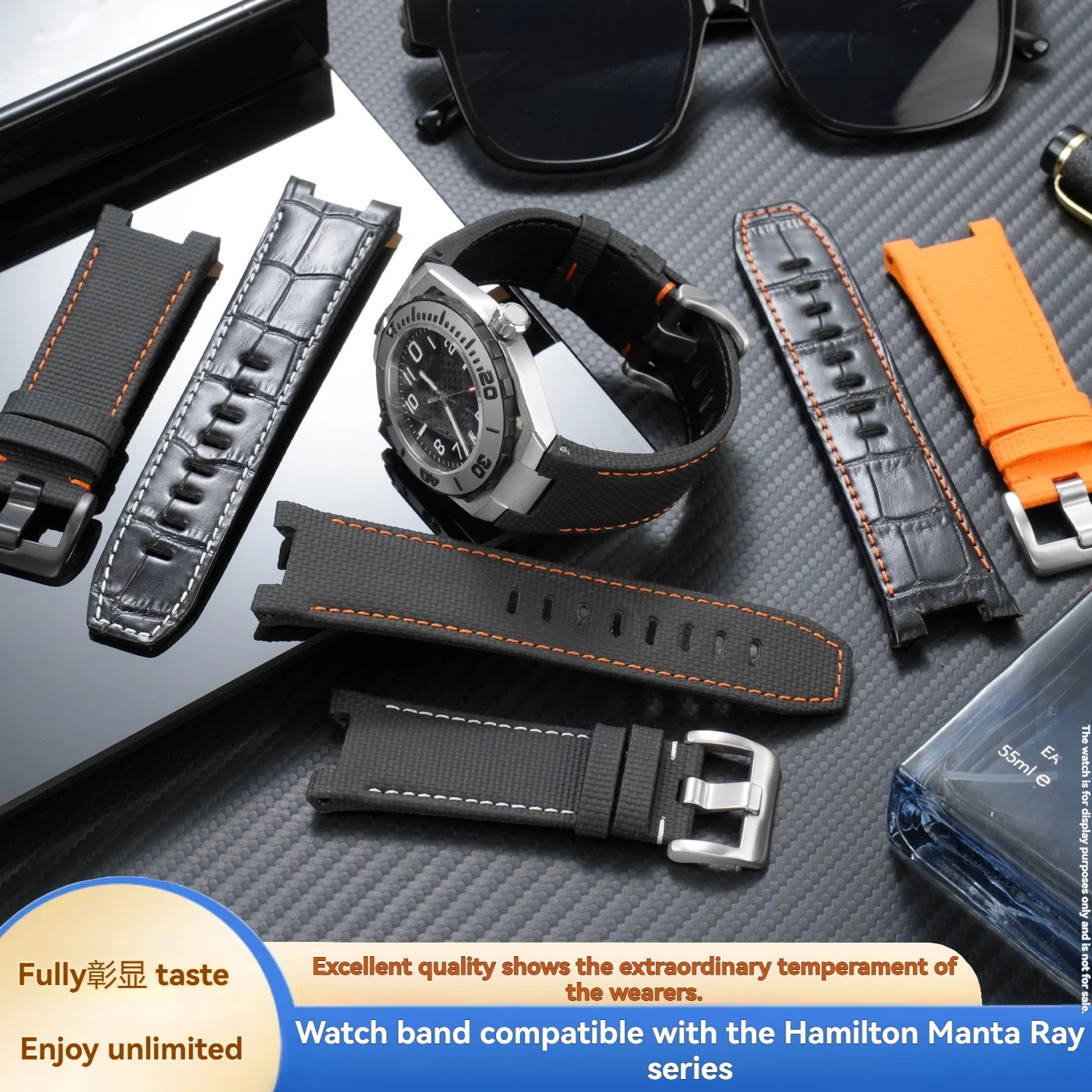 Notched FMK Genuine Leather Fluorocarbon Rubber Sport Strap for Hamilton Manta Ray H78615985, H78615355, H78615135