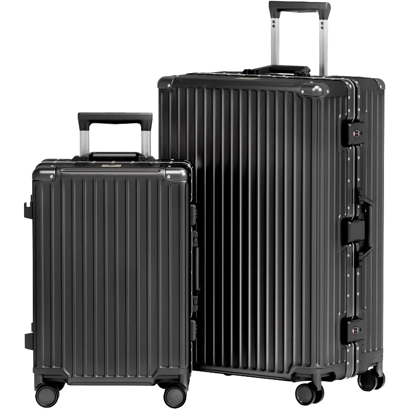 

AnyZip Luggage Sets 2 Piece Aluminum Frame Carry On and Checked Suitcase PC ABS Hard Shell TSA Lock No Zipper(Black, 20/28)