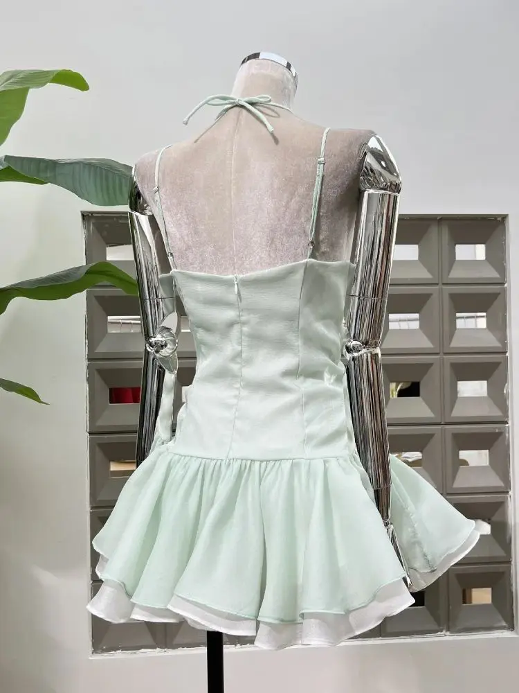 2025 robes d'été femmes Patchwork sans manches vert menthe Spaghetti mode nouvelle tenue vêtements fête d'anniversaire robe de danse chaude