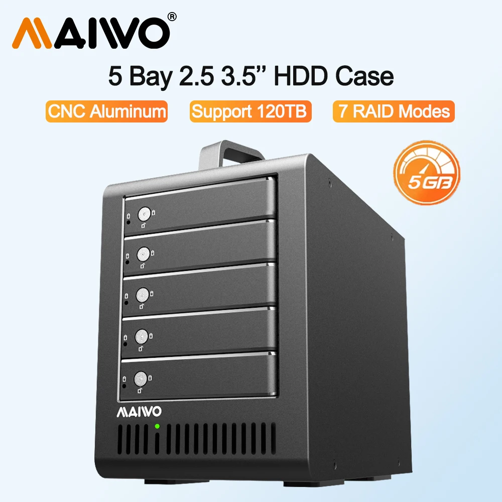 

MAIWO 5 Bay 2.5 3.5'' HDD Docking Station M2 USB3.0 SSD SATA Case Type-C Support 7 RAID Mode Aluminum 120TB Hard Drive Enclosure