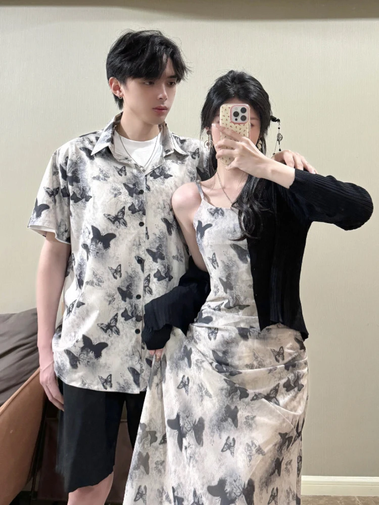 New Chinese Style Watercolor  Pleated Slimming Floral Halter Dress Women Summer Couple Match High Waist Chiffon Gown