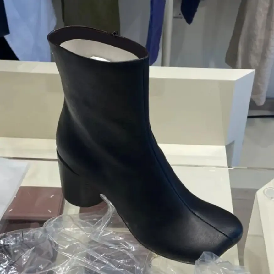 

Black Leather Side Zipper Round Heel Mid-Calf Boots Winter New Style High Heels Apple-Toe Ankle Boots Slim Boot For Women Mature