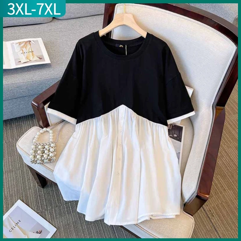 New 2023 Summer Plus Size Tops For Women Large Size Short Sleeve Loose Cotton Black White Fold Long T-shirt 3XL 4XL 5XL 6XL 7XL