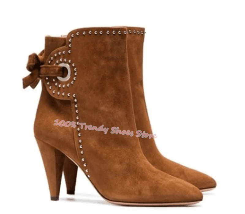 

Women Pointed Toe High Heel Ankle Boots Back Butterfly-Knot Decor Rivet Western Boots Lady Catwalk Party Dress Shoes