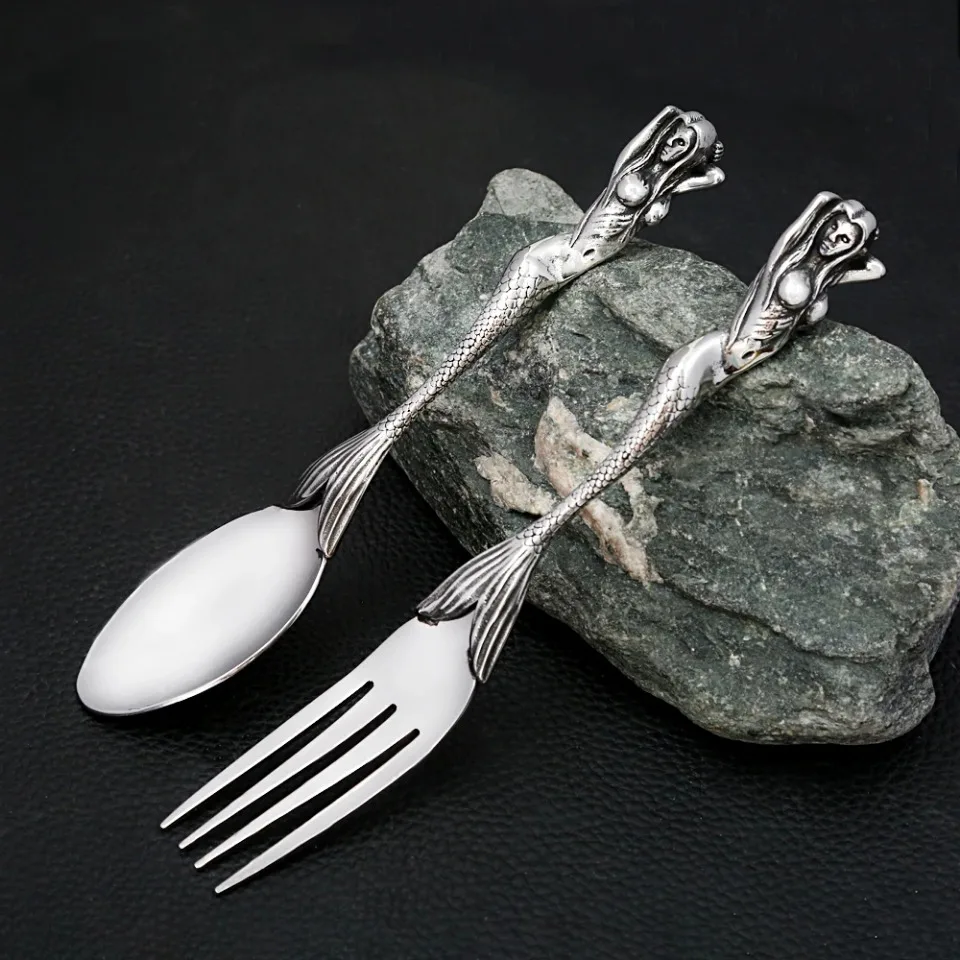 Fashion Vintage Mermaids Spoon Fork Set 304L Stainless Steel Hip Hop Biker Cool Creative Tableware Punk Party Jewelry Wholesale