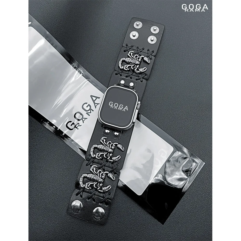 حزام ساعة جلد أسود على شكل عقرب معدني أنيق لساعة أبل 49 ملم 9 8 7 45 ملم 41 ملم لسلسلة IWatch 6 SE 5 4 44 ملم 40 ملم