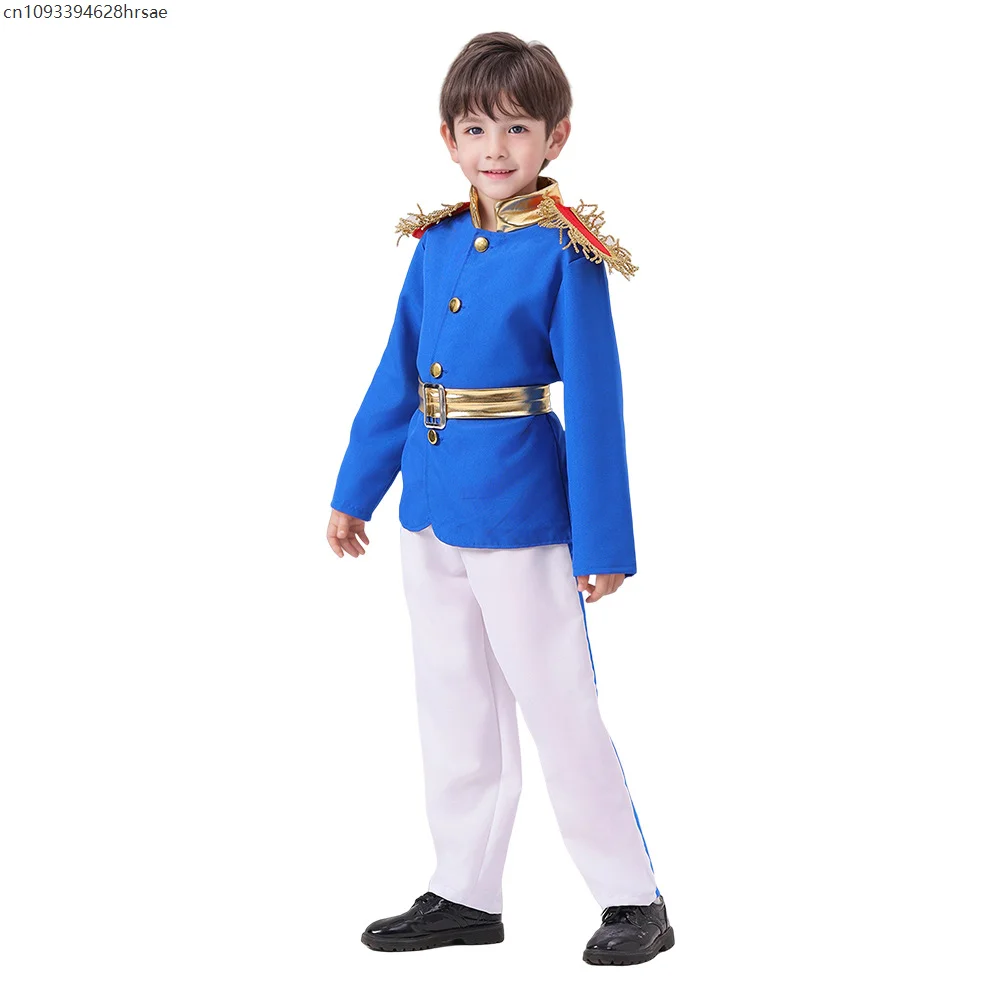 

Prince Handsome enfant Cosplay Costume Blue Uniform Medieval Soldier Clothes Role Play Satge Performance King Set CarnivalOutfit