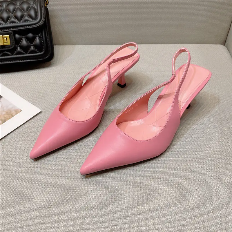 Korea Women Pointed Toe Stiletto Heel Sandals Women\'s Back Empty Shallow Single Shoes 2022 New Summer Girls Mid-heel White Pumps