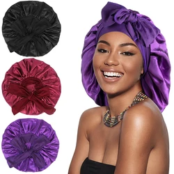 Satin Solid Sleeping Hat Silky Bonnets With Long Tie Bands Elastic Shower Cap Adjustable Cap For Braids Curly Long Hair Bonnets