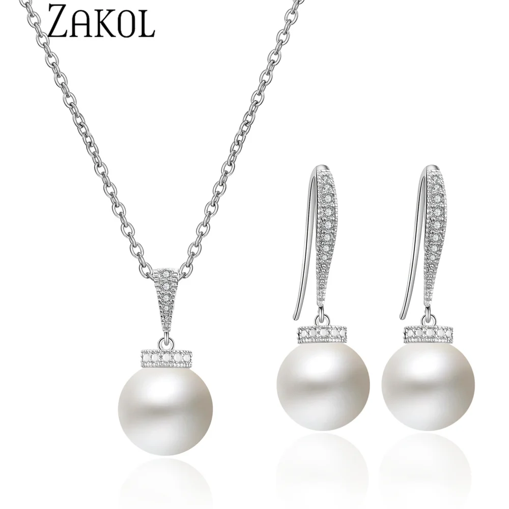 ZAKOL Elegant Round Imitation Pearls Hook Earrings Necklace Sets for Women Shiny Zirconia Bridal Wedding Party Jewelry Set