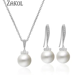 ZAKOL Elegant Round Imitation Pearls Hook Earrings Necklace Sets for Women Shiny Zirconia Bridal Wedding Party Jewelry Set