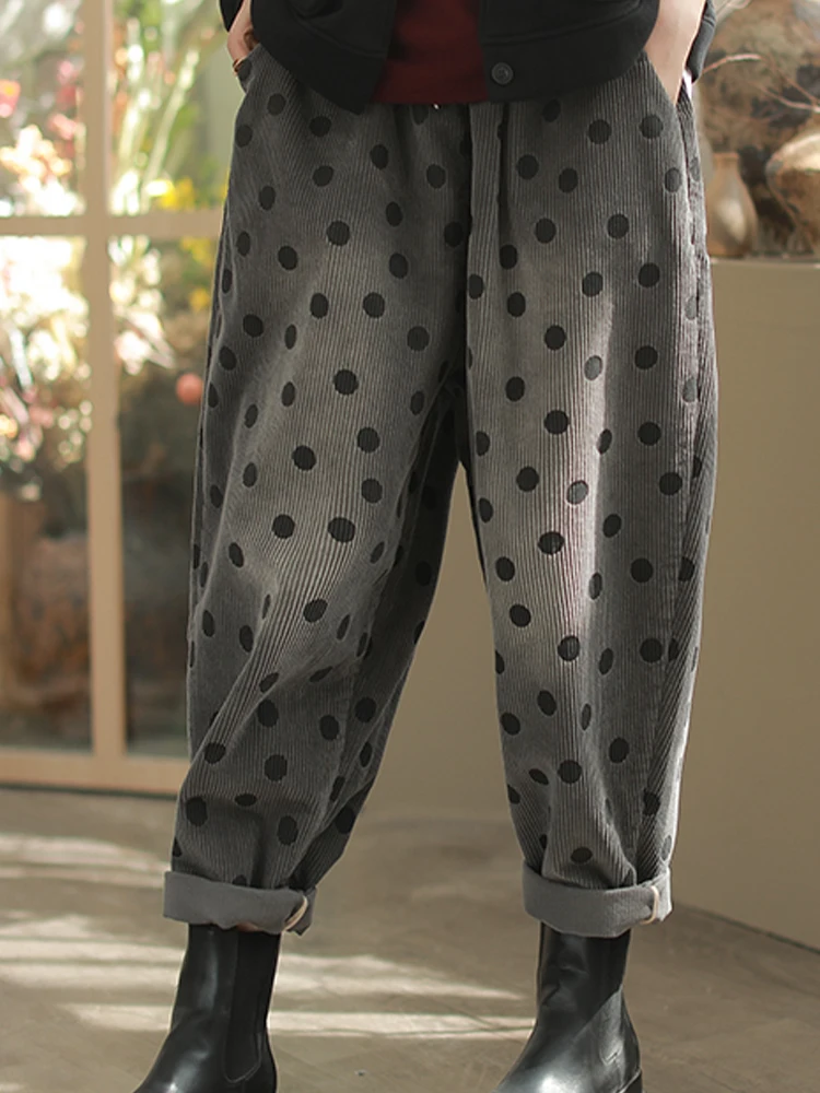 Amax LuluE 2026 Winter Damen Koreanische Mode Lose Gepunktete Warme Cordhose Damen Verdickte Freizeithose Vintage Klassische Haremshose – Detail 22