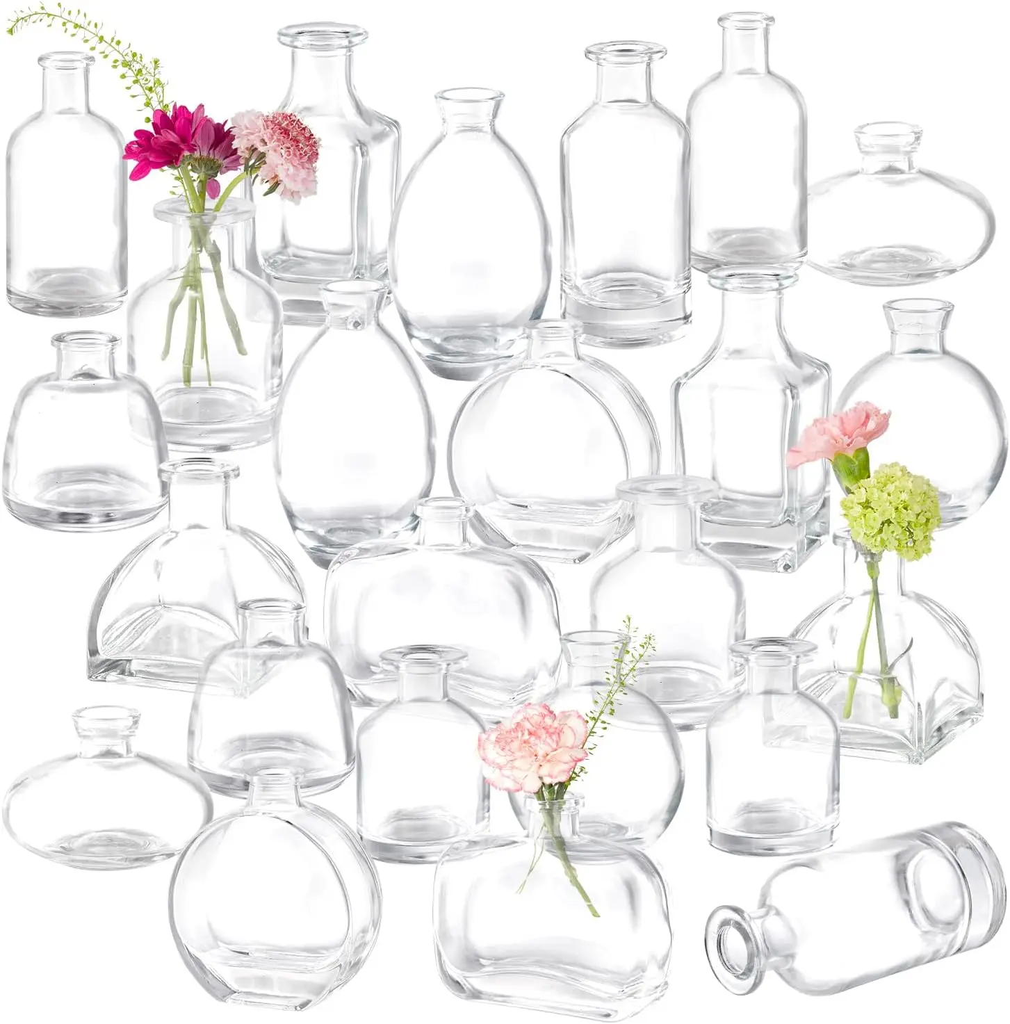

24 Clear Glass Bud Vases Set, 12 Shapes for Wedding Centerpieces & Home Decor