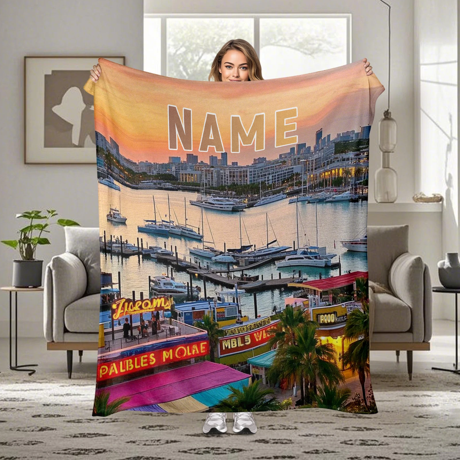 Miami Inspired Flannel Blanket Evokes Seaside Pier Memories Shared With Family And Friends Soft Warmth For Cozy Moments