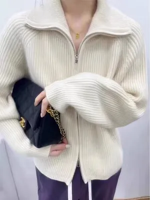 100% 메리노 울 여성용 라펠 지퍼 가디건 가을 겨울 두꺼운 캐주얼 패션 니트 캐시미어 스웨터