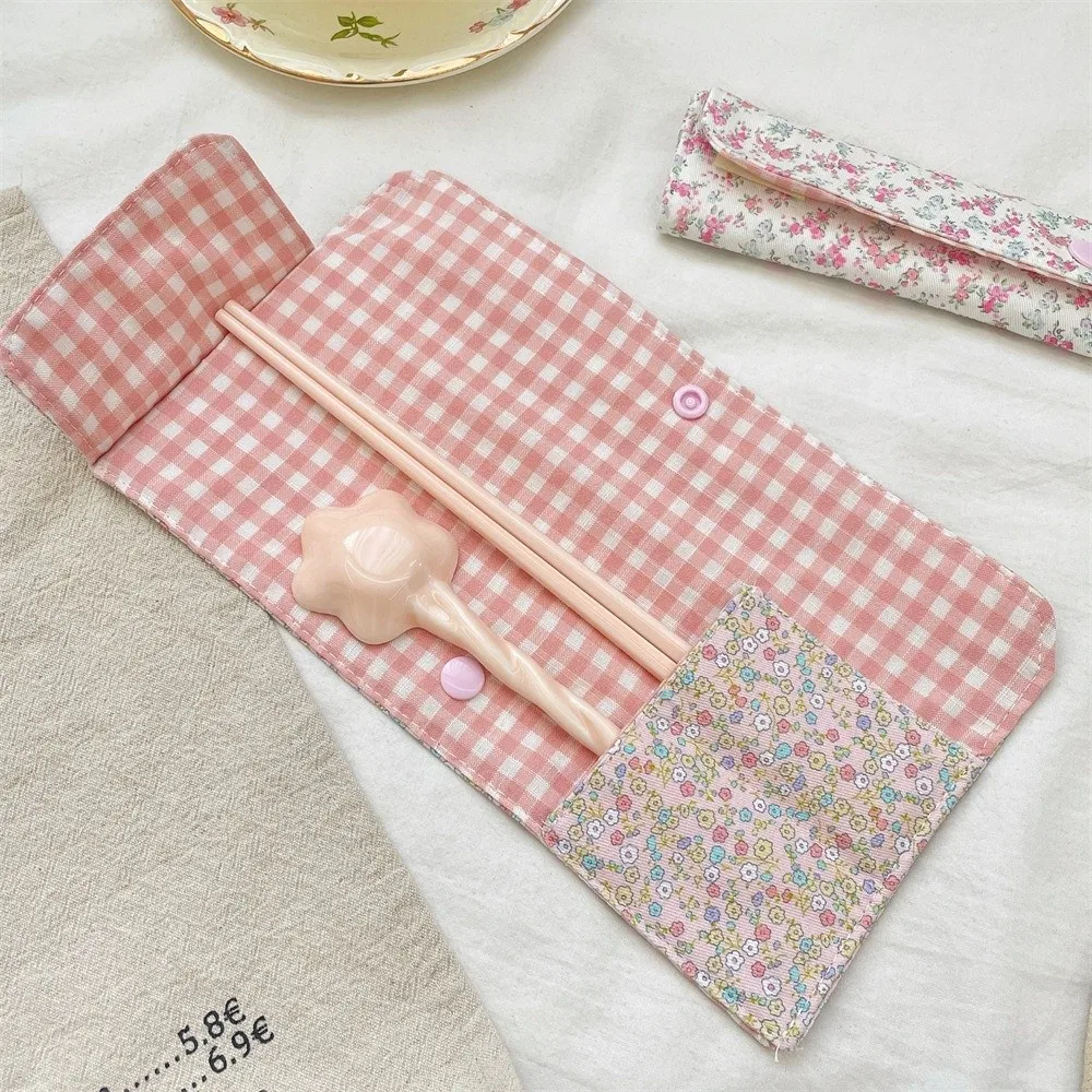 Floral Plaid Spliced Tableware Storage Bag Snap Button Fixed Portable Lightweight Cutlery Organizer Bag Utensil Pouch