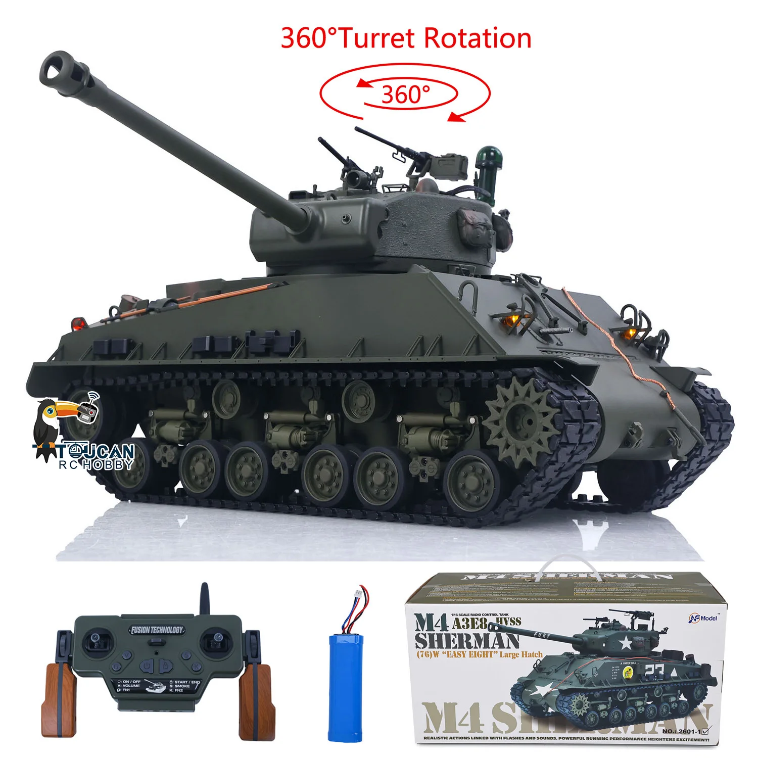

US Stock 1/16 Remote Control Tank Sherman M4A3 E8 Edition IR BB Barrel Elevation Smoke Metal Chassis Road Wheels 360 Rotation
