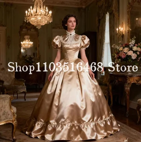 

Customised Medieval Champagne Ball Gowns Victorian Evening Dresses High Neck Pleated Hem Aristocratic Dresses Evening Gowns