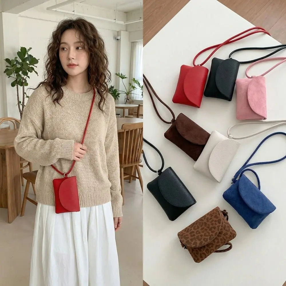 

PU Leather Suede Coin Purse Hanging Neck Leopard Print Mini Storage Bag Solid Color Korean Style Lipstick Earphone Pouch