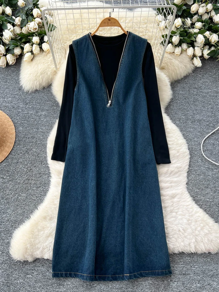 패셔너블한 지퍼 V넥 슬림 데님 베스트 여성용 가을 이너 롱 슬리브 하이웨이스트 스트레이트 컷 출퇴근용...