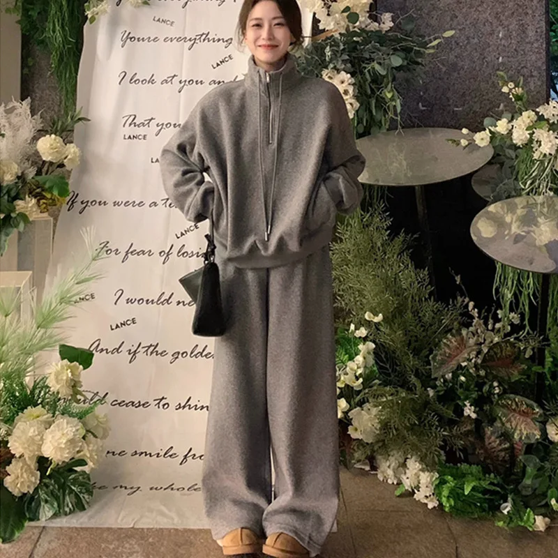 여성용 스웨트셔츠 팬츠 세트 투피스 스탠드 칼라 후드 와이드 레그 팬츠 풀 렝스 트라우저 솔리드 루즈 포켓 캐주얼