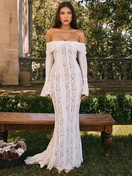 Mozision Floral Lace Off-shoulder Maxi Dress For Women White Strapless Backless Long Sleeve Bodycon Club Party Sexy Long Dress