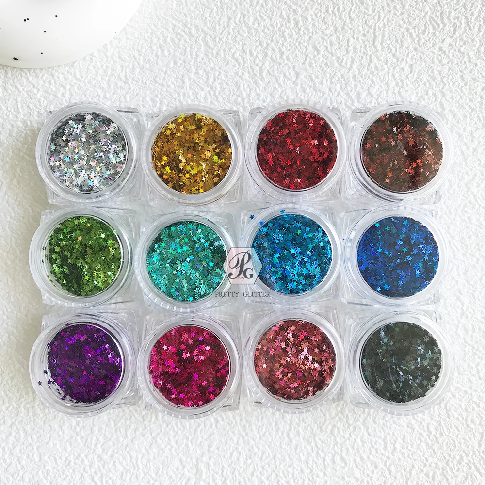 PrettyG 12 Color Set For 1MM Ultra-thin Star Shape Colorful Holographic Glitter Gel Nail Art Decoration Handwork DIY Accessories