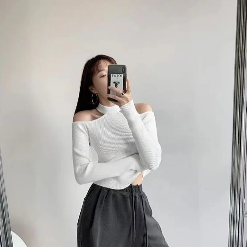 2023 New Women T Shirt Long Sleeve Shoulder Bare Dropped Sleeve Crop Top 2023 Bottoming Knitted T-shirts Slim Fitness Clothing