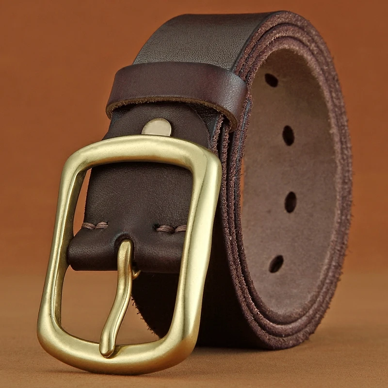 Belt Men's Leather Brass Pin Buckle Cowhide Belt First Layer Real Cowhide Youth Handmade Casual Retro Men's Belt