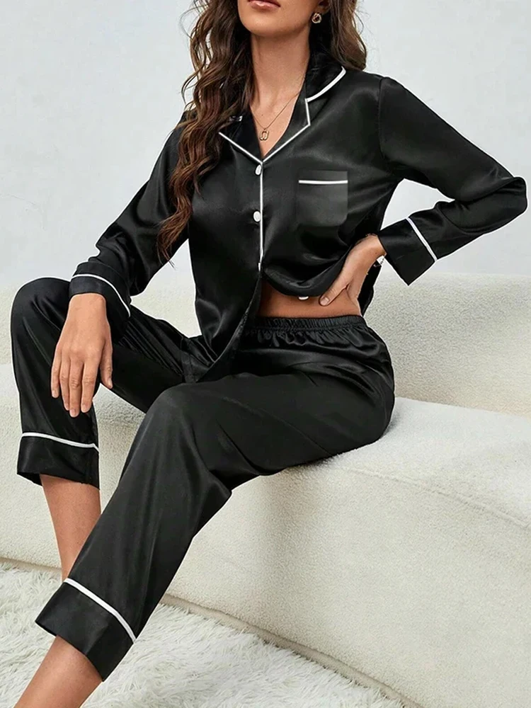 Piżama damska plus size na jesień i zimę, dwuczęściowy zestaw z długim rękawem z jedwabiu lodowego, odzież domowa, bielizna nocna, damska piżama w jednolitym kolorze. — 2