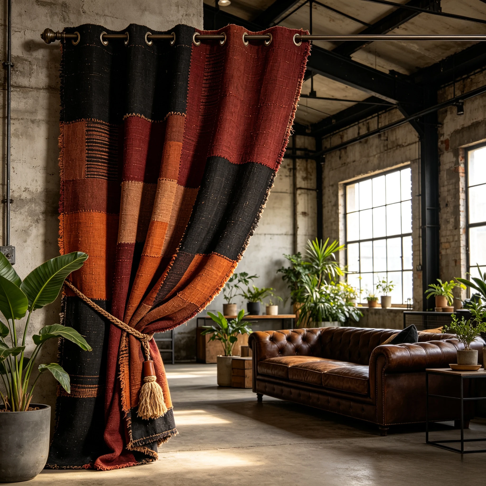 200235   Carbon black, rust, red linen, geometric block patterned curtains
