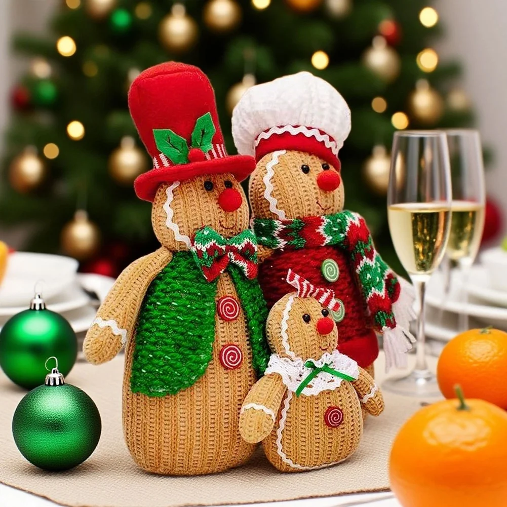 Christmas Cookie Character Family Set 30cm Red Polyester Standing Doll Figurines Festive Tabletop Party Decor Holiday Ornaments