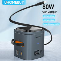 80W 6-in-1 GaN Charging Station Wireless Adapter With Type C PD 60W Retractable Charging Cable Fast Charger for iPhone Laptops