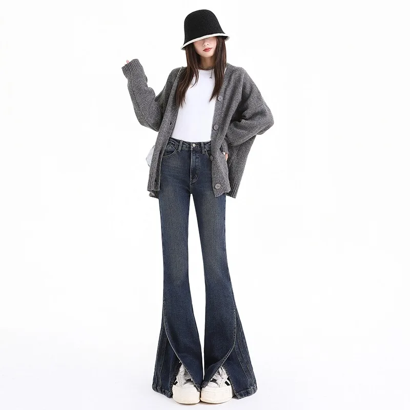 Women American Vintage Split Flare Jeans 2026 New Spring Autumn High Waist Slim Design Wide Leg Micro Flare Denim Long Pants