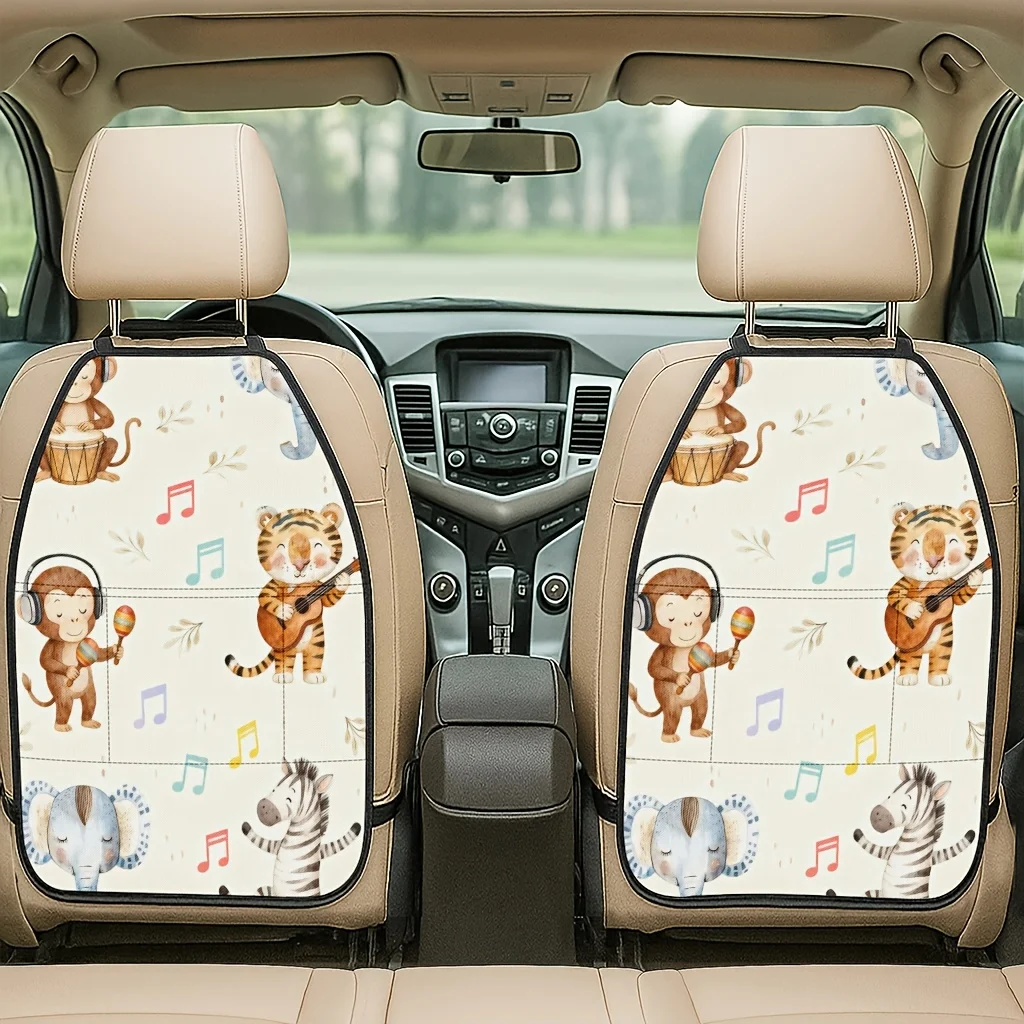 2pcs 2D Printed Car Seat Back Protector - Animal Band Playing Music Themed Pattern Printed Car Seat Back Protector, Kick-Proof M